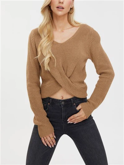 Twist - Elülső V - nyakkivágott kötött pulóver - teve